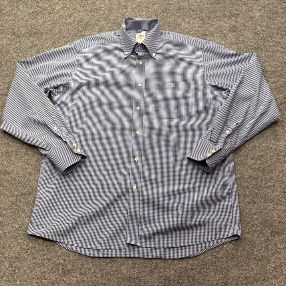 Lacoste Mens Blue White Micro Check Button Down Shirt Size 44 XL Long Sleeve